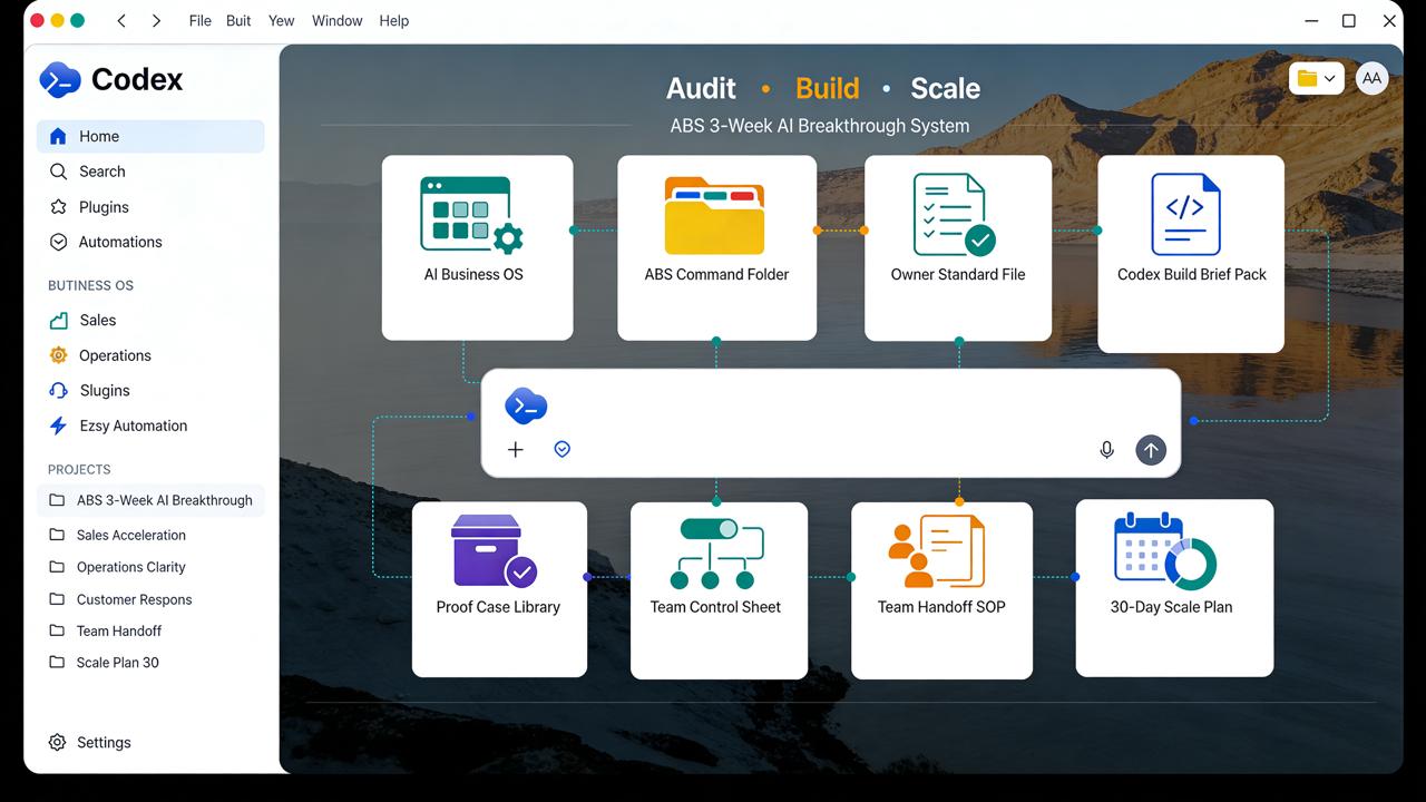 Codex window showing the ABS Audit, Build, Scale workflow with AI Business OS modules and a 30-Day Scale Plan
