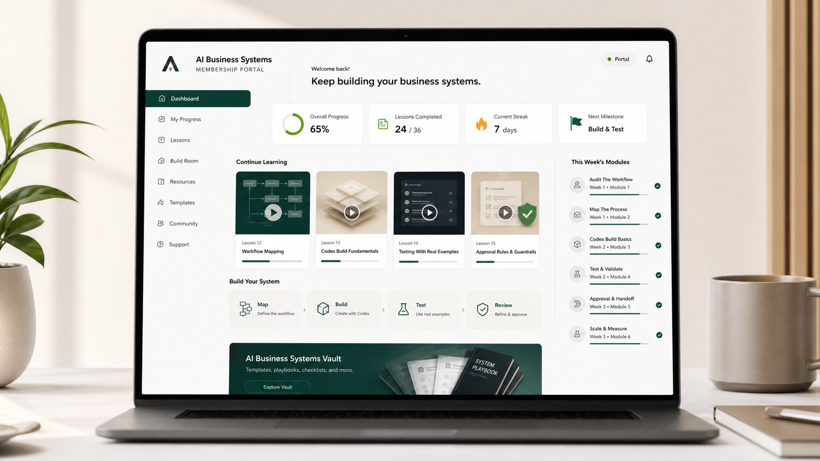 Generated image of the ABS online membership portal with AI Business Systems lesson modules, progress cards, and weekly videos